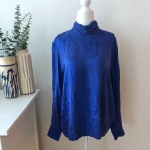 Vintage Blue Floral Jacquard Silk High Neck Blouse